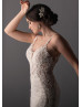 Sleeveless Beaded Ivory Lace Jersey Deep V Buttons Back Wedding Dress
